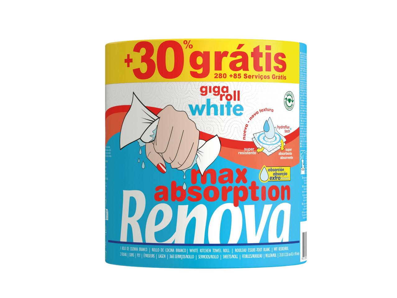 Rolo de cozinha branco com 30% mais serviços, super resistente e absorvente.