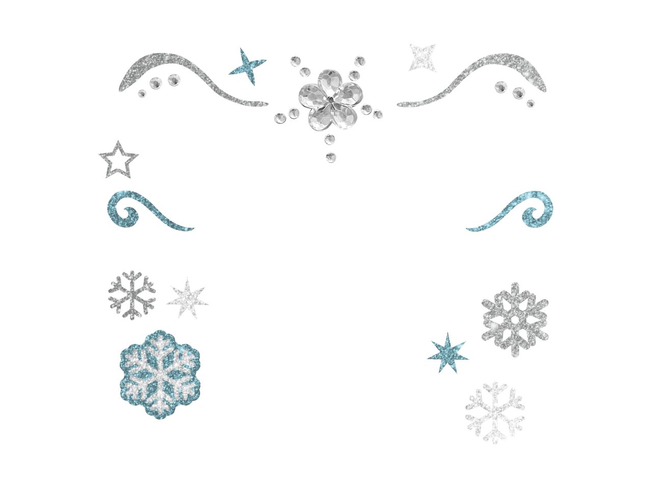 Glittery silver and blue snowflakes, stars, and swirls with clear gem accents.