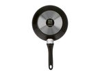 Silvercrest frying pan with a black handle and a silver base, viewed from the bottom.
