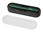 A green electric screwdriver with various bits in a black case, next to a clear lid.