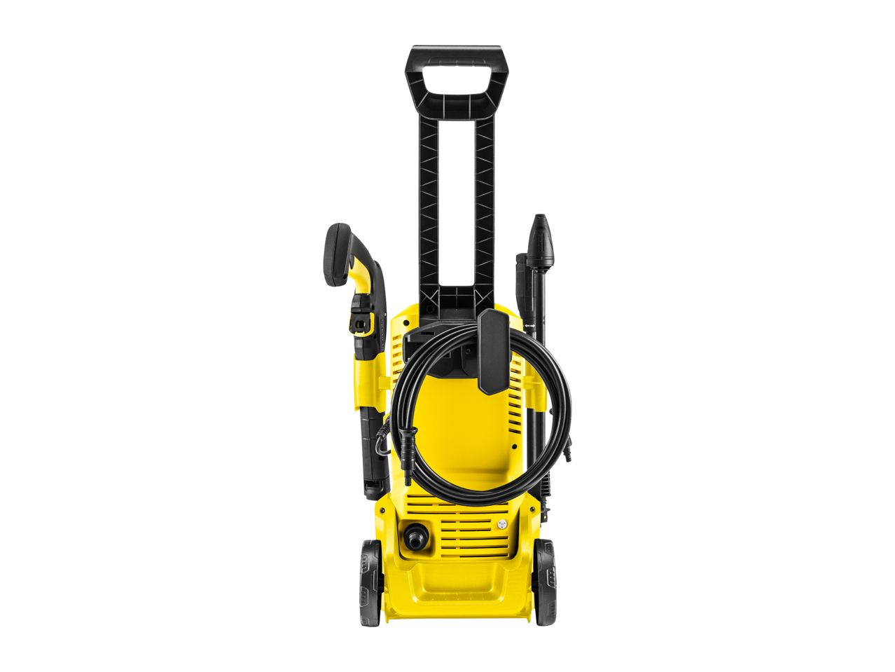 Yellow pressure washer with black hose and accessories, front view.
