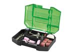 Open black and green case with various rotary tool accessories, including grinding stones, wire brushes, and sanding bands.