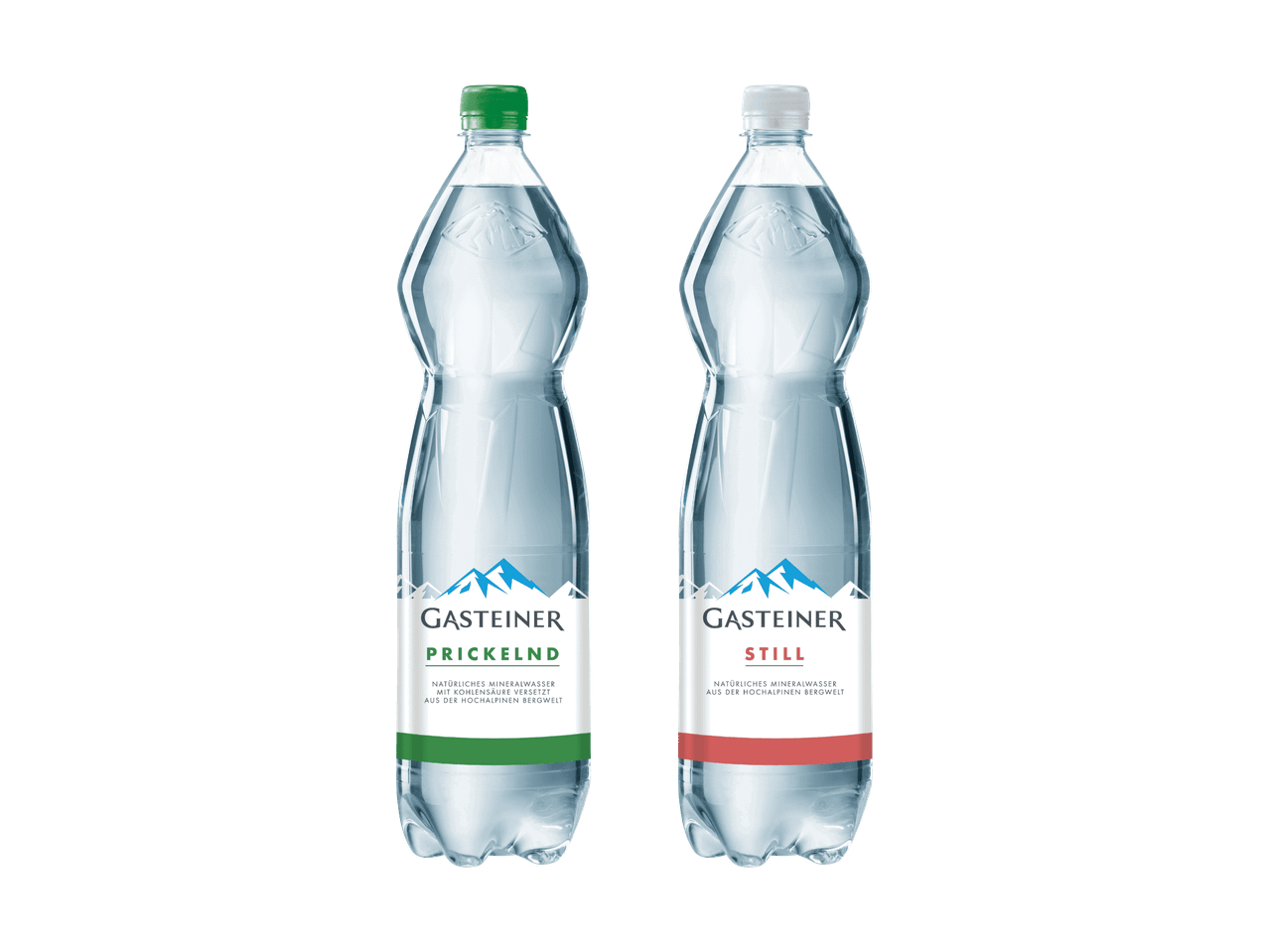 Zwei Flaschen Gasteiner Mineralwasser, eine prickelnd und eine still, vor schwarzem Hintergrund.