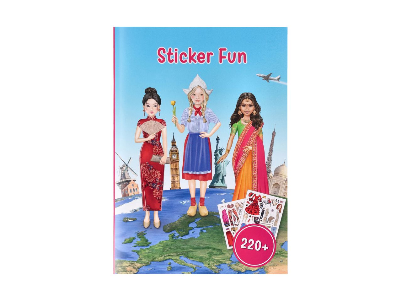 Stickerbog med piger i forskellige kulturers tøj.