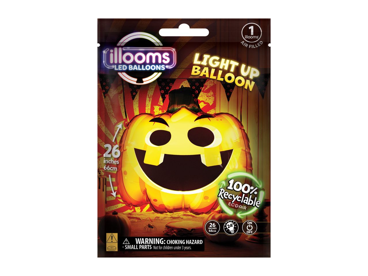 Halloween pumpkin light-up balloon packaging with a 100% recyclable logo.