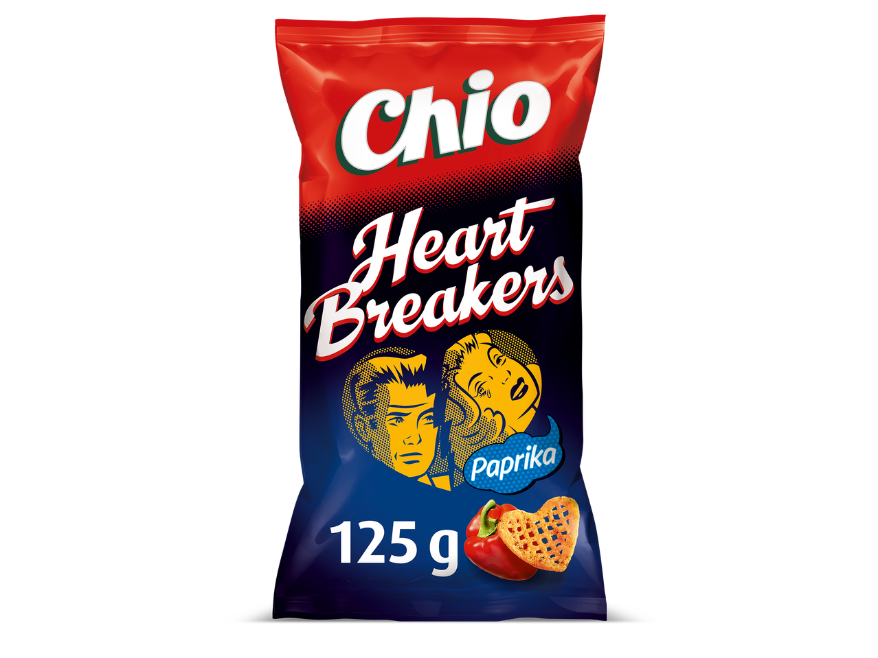 Zak paprikachips in de vorm van hartjes, met een pop-art illustratie van een man en vrouw.