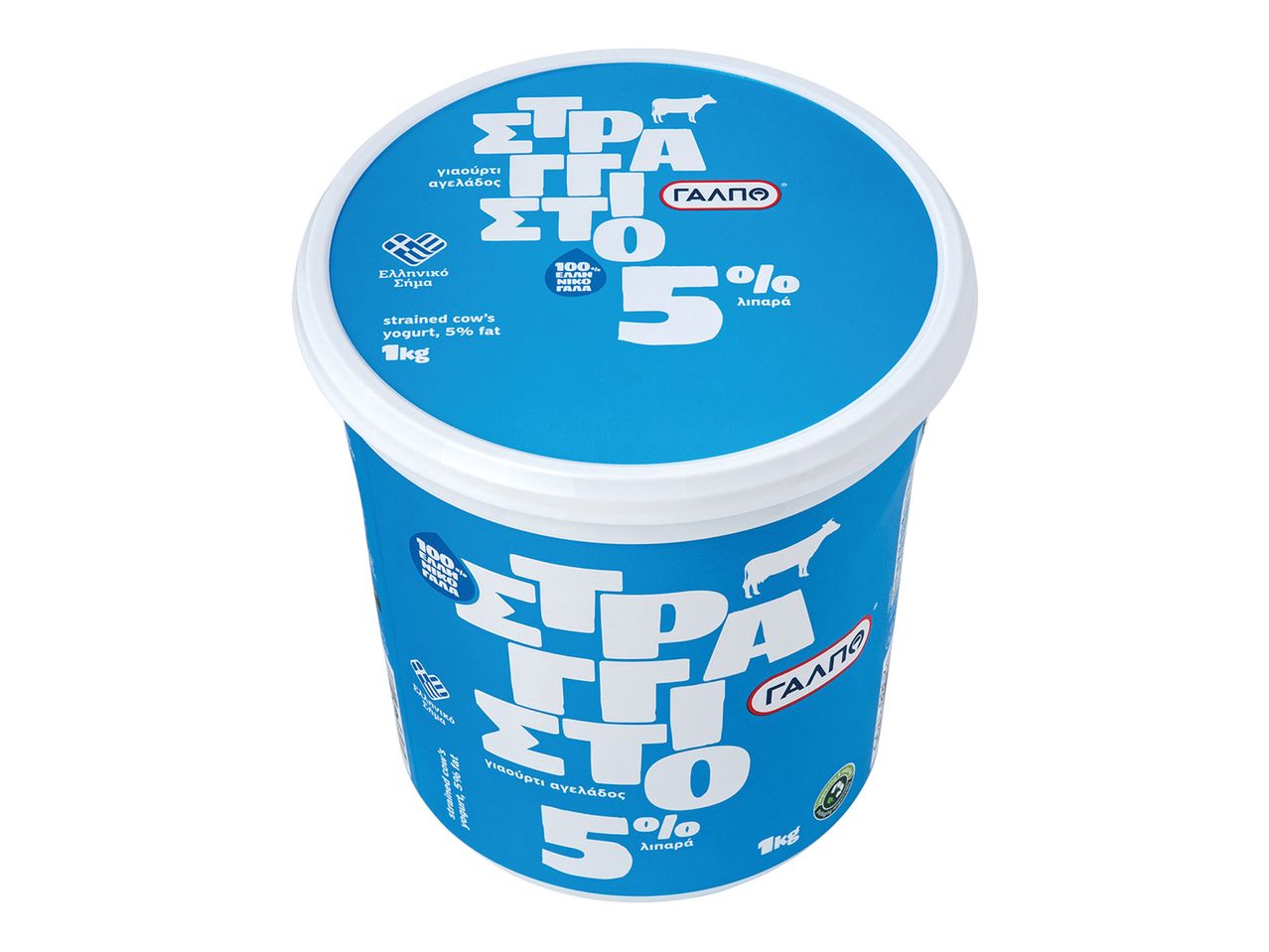 Μπλε και λευκό κεσεδάκι στραγγιστού γιαουρτιού αγελάδος, 5% λιπαρά, 1kg.