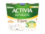 Four pots of cereal yogurt with live cultures, highlighting fibre content and gut health benefits.