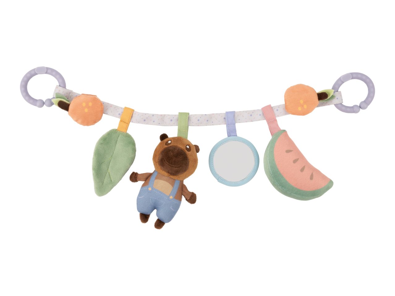 Baby activity arch with plush bear, fruit, leaf, and mirror toys.