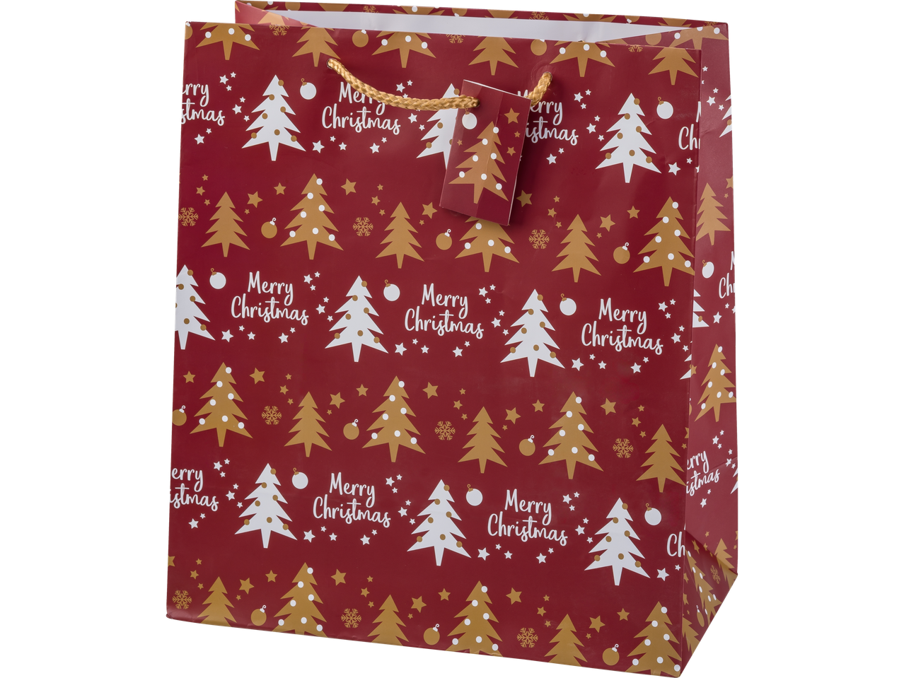 Raudonas Crelando® dovanų maišelis su eglučių motyvu ir užrašu „Merry Christmas“.