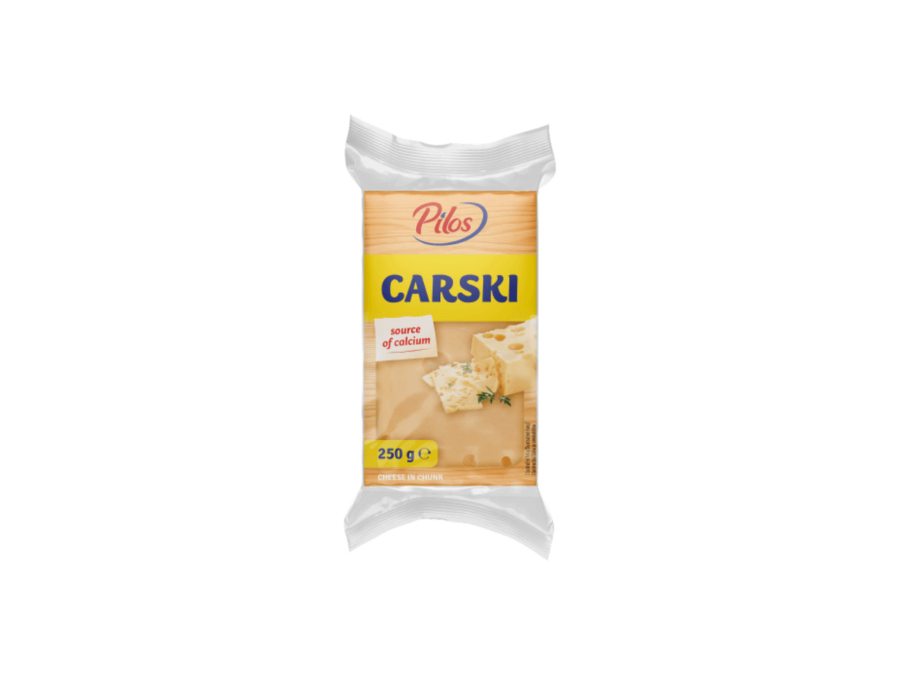 Pakovanje sira u komadu, sa natpisom 'source of calcium' i težinom 250g.