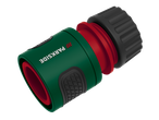 Green and red garden hose connector with a black textured grip.
