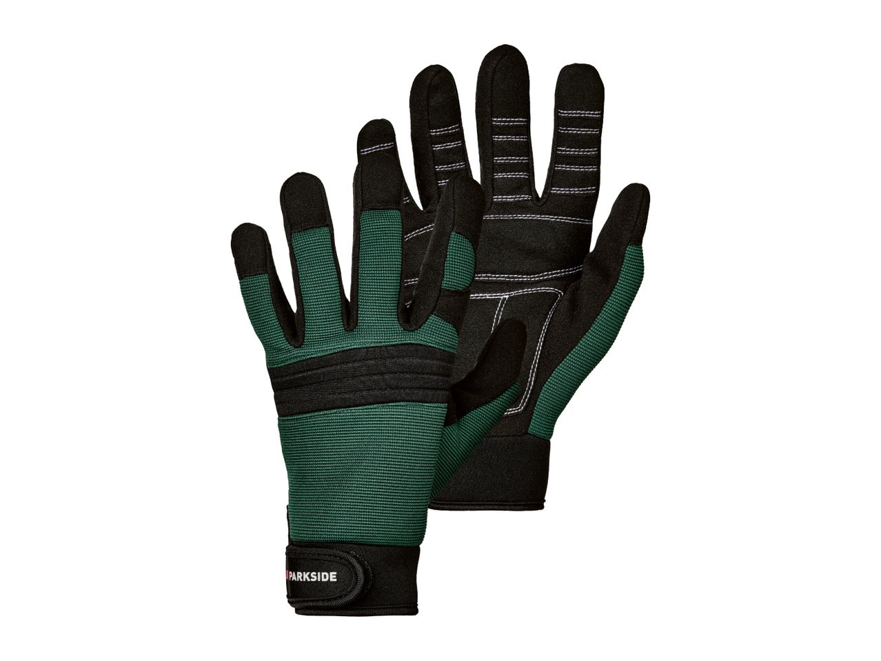 Pair of black and green Parkside work gloves with white stitching