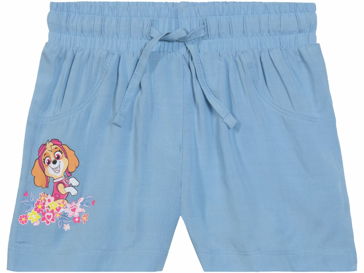 Pantaloncini azzurri per bambini con stampa di Skye di Paw Patrol e fiori.