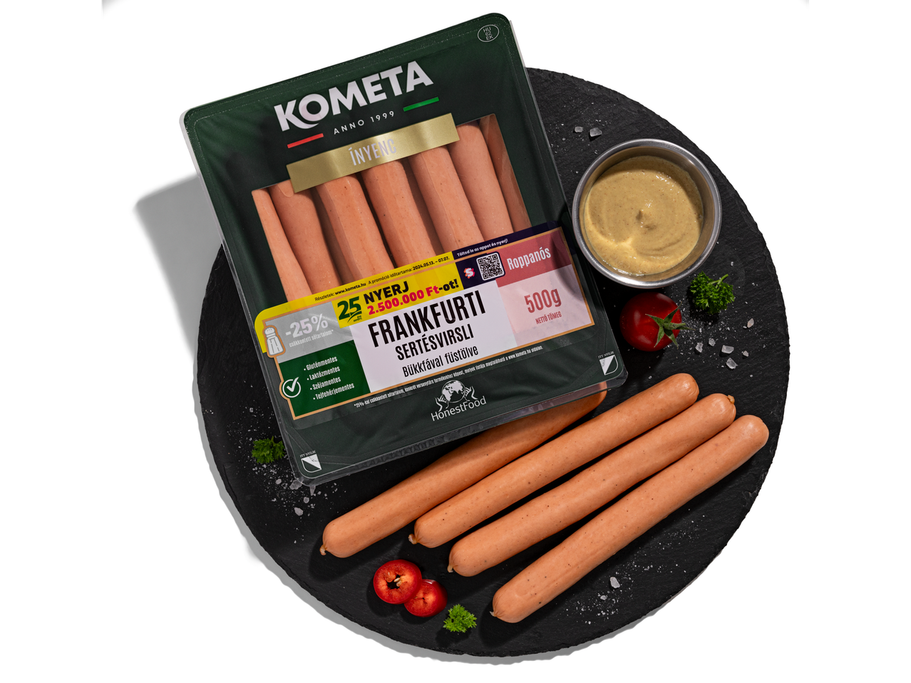 Kometa kolbász, mustár és paradicsom.