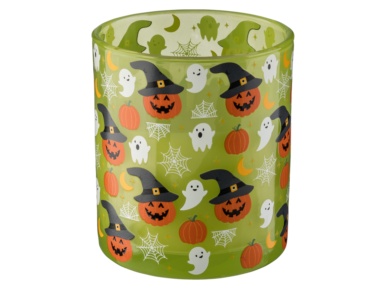 Žalia Helovino kvapioji žvakė stiklainyje su moliūgais, vaiduokliais ir voratinkliais.