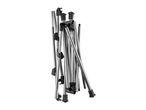 Folded camping chair frame with silver poles and black plastic connectors.