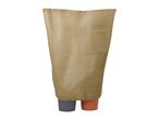 Two potted plants covered with a beige protective fabric