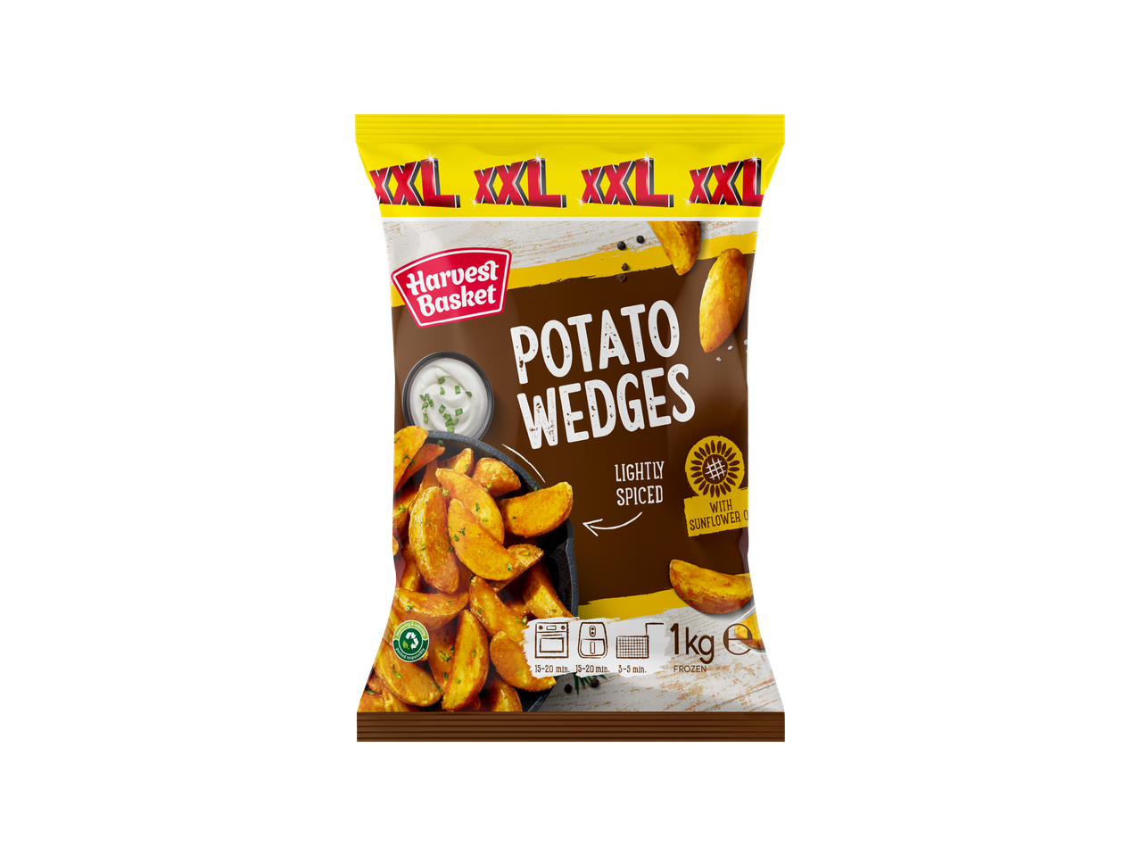 Pakiranje Harvest Basket XXL lagano začinjenih krumpirovih kriški s 1 kg smrznutog proizvoda.