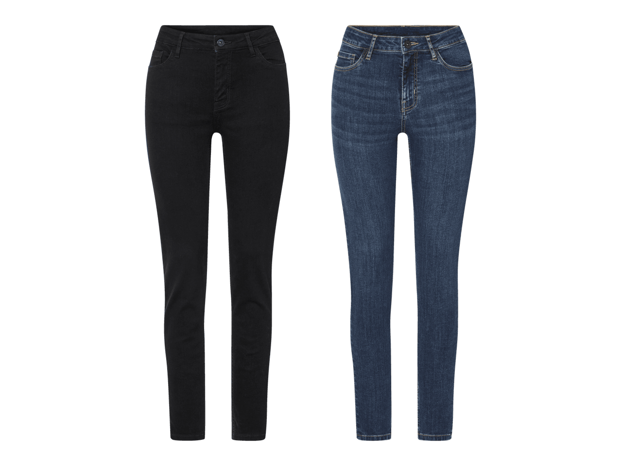 Kaksi naisten farkkua: mustat ja siniset, molemmat korkeavyötäröiset ja kapeat.