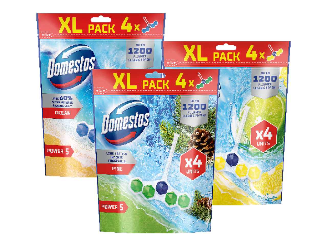 Trīs Domestos XL iepakojumi ar tualetes atsvaidzinātājiem dažādās smaržās: okeāna, priežu un citrusaugļu.