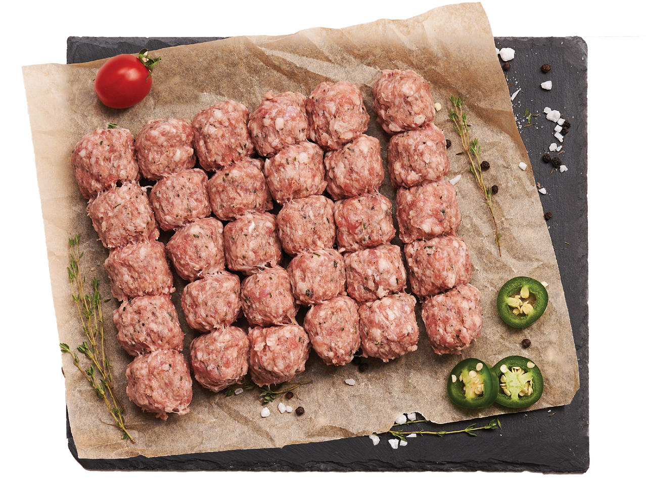 Сурови кюфтета, подредени върху хартия за печене, с чери домат, халапеньо и подправки.