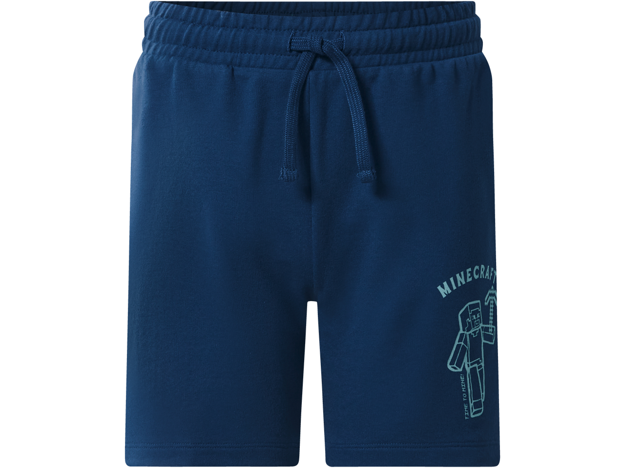 Blue kids' sweatshorts with a Minecraft graphic and drawstring waist.