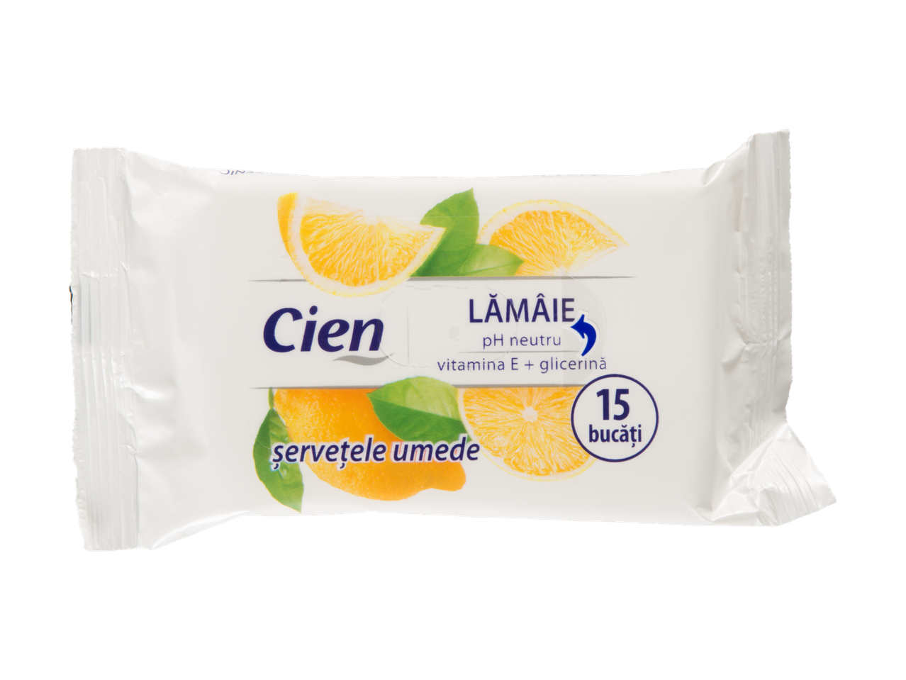 Pachet de șervețele umede Cien cu lămâie, 15 bucăți.