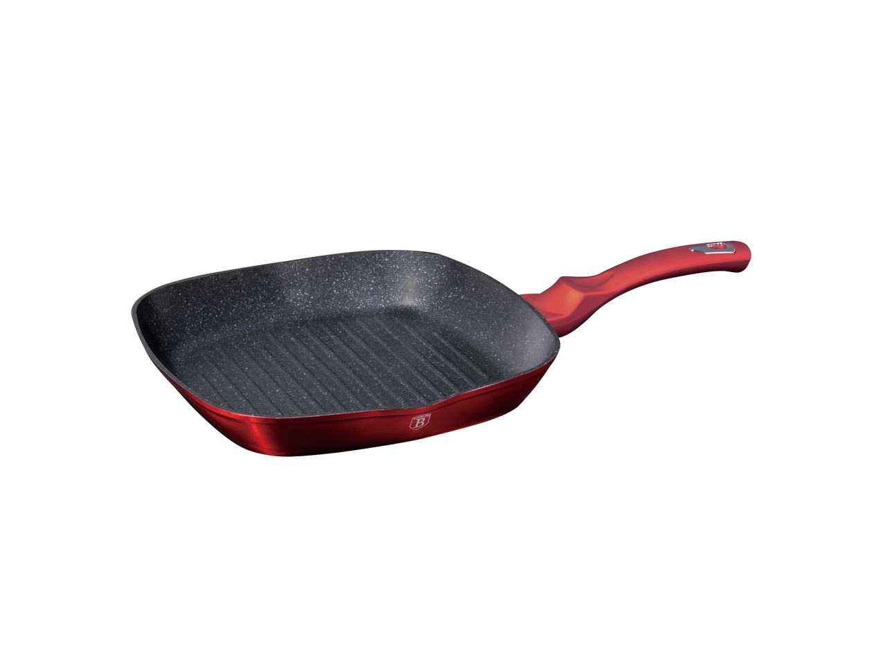 Padella grill quadrata rossa con rivestimento antiaderente e manico ergonomico.