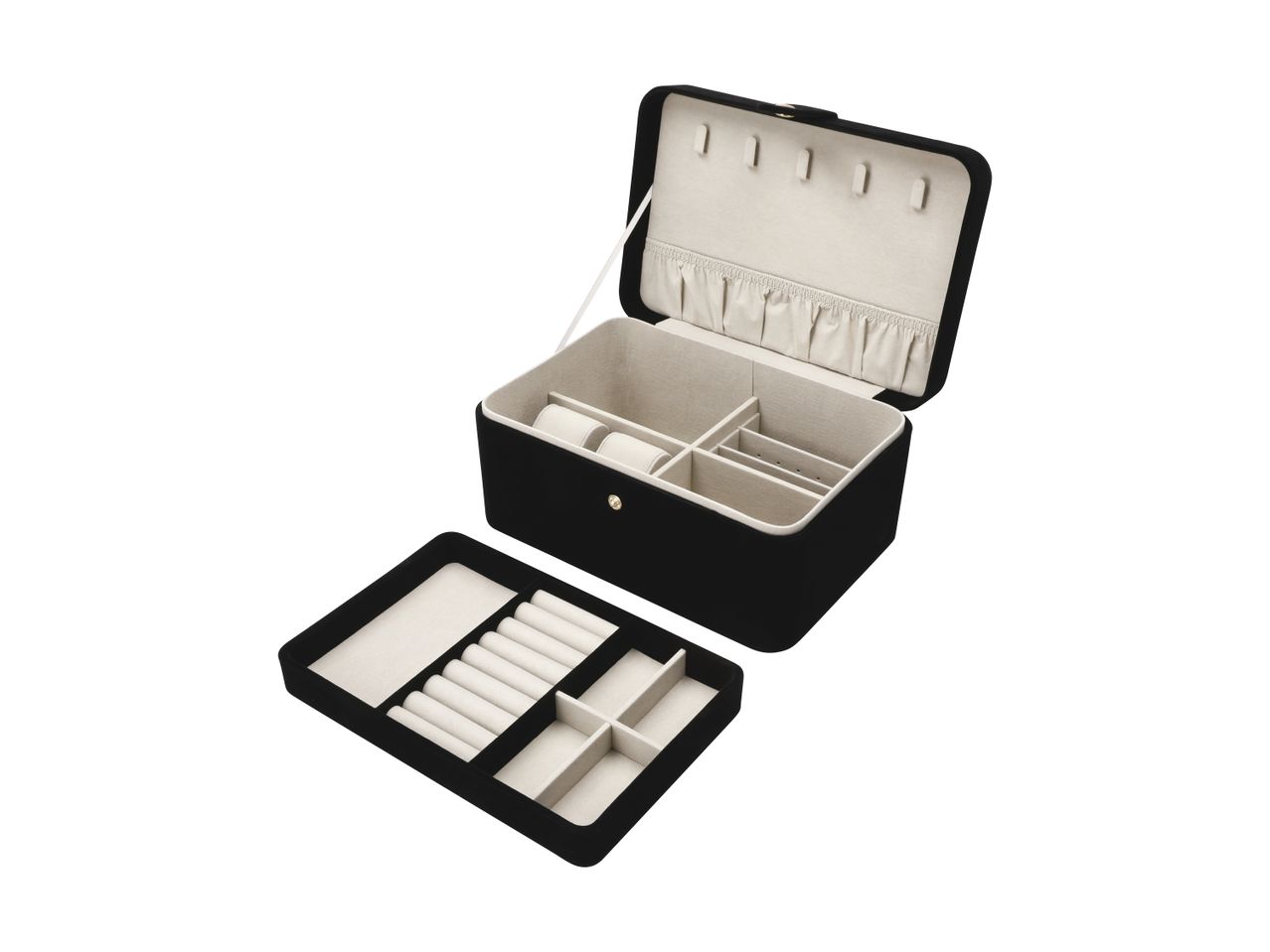 Sort smykkeskrin med flere rum og en aftagelig bakke til opbevaring af smykker.