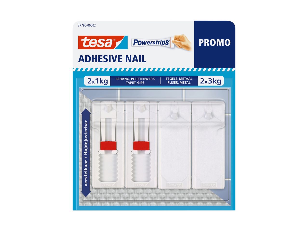 tesa Powerstrips® Adhesive Nails: 2x 1kg og 2x 3kg pakker, justerbar højde.