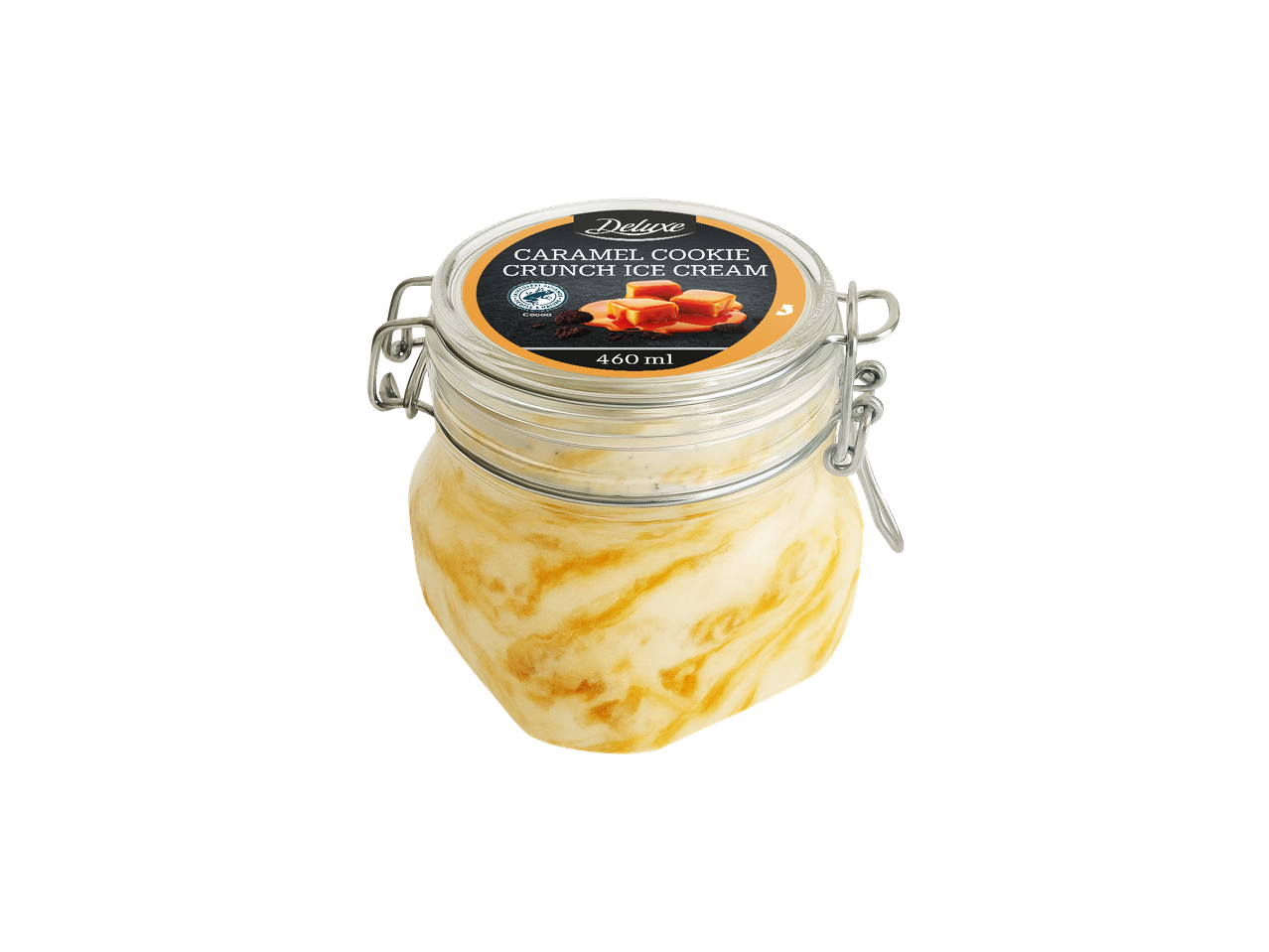 Deluxe Caramel Cookie Crunch saldējums stikla burkā ar karameļu virpuļiem.