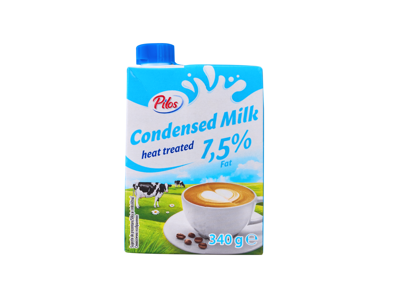 Lapte condensat Pilos, tratat termic, 7,5% grăsime, 340g, cu o ceașcă de cafea și vaci pe ambalaj.