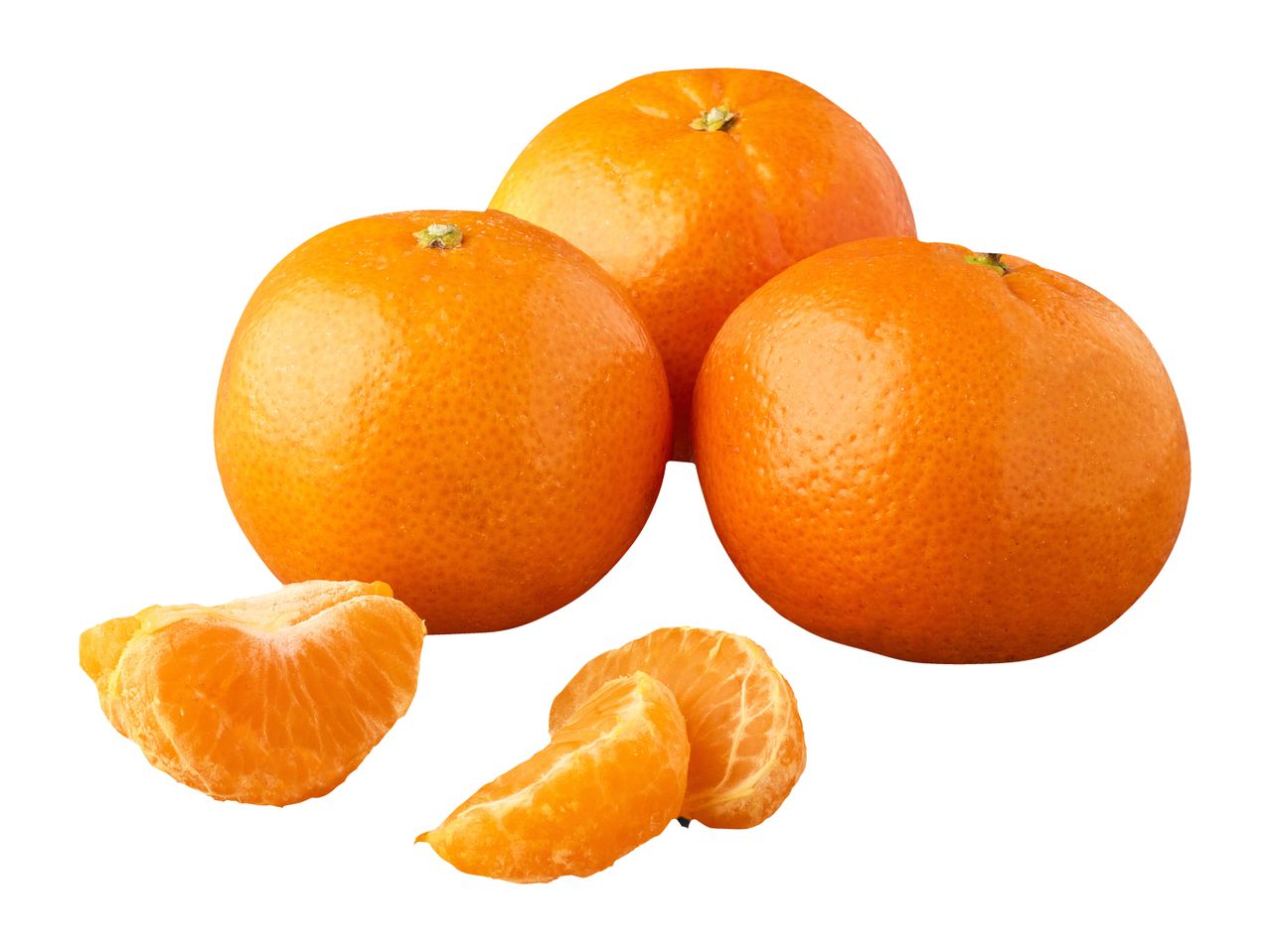 Three whole tangerines and two peeled tangerine segments on a white background.