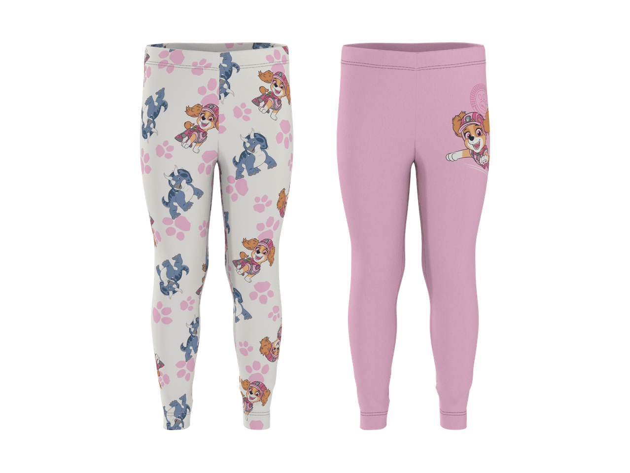 To par lyserøde pigge-leggings, den ene med Paw Patrol- og dinosaurprint, den anden ensfarvet.