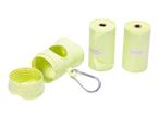 A light green poop bag dispenser with two rolls of bags and a carabiner clip.