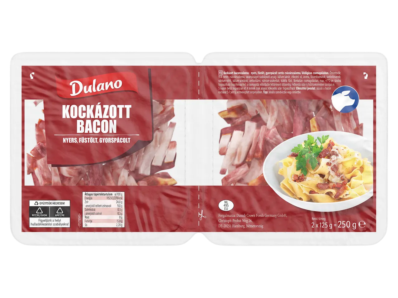 Kockázott bacon, nyers, füstölt, gyorspácolt, 2x125 g-os kiszerelésben.