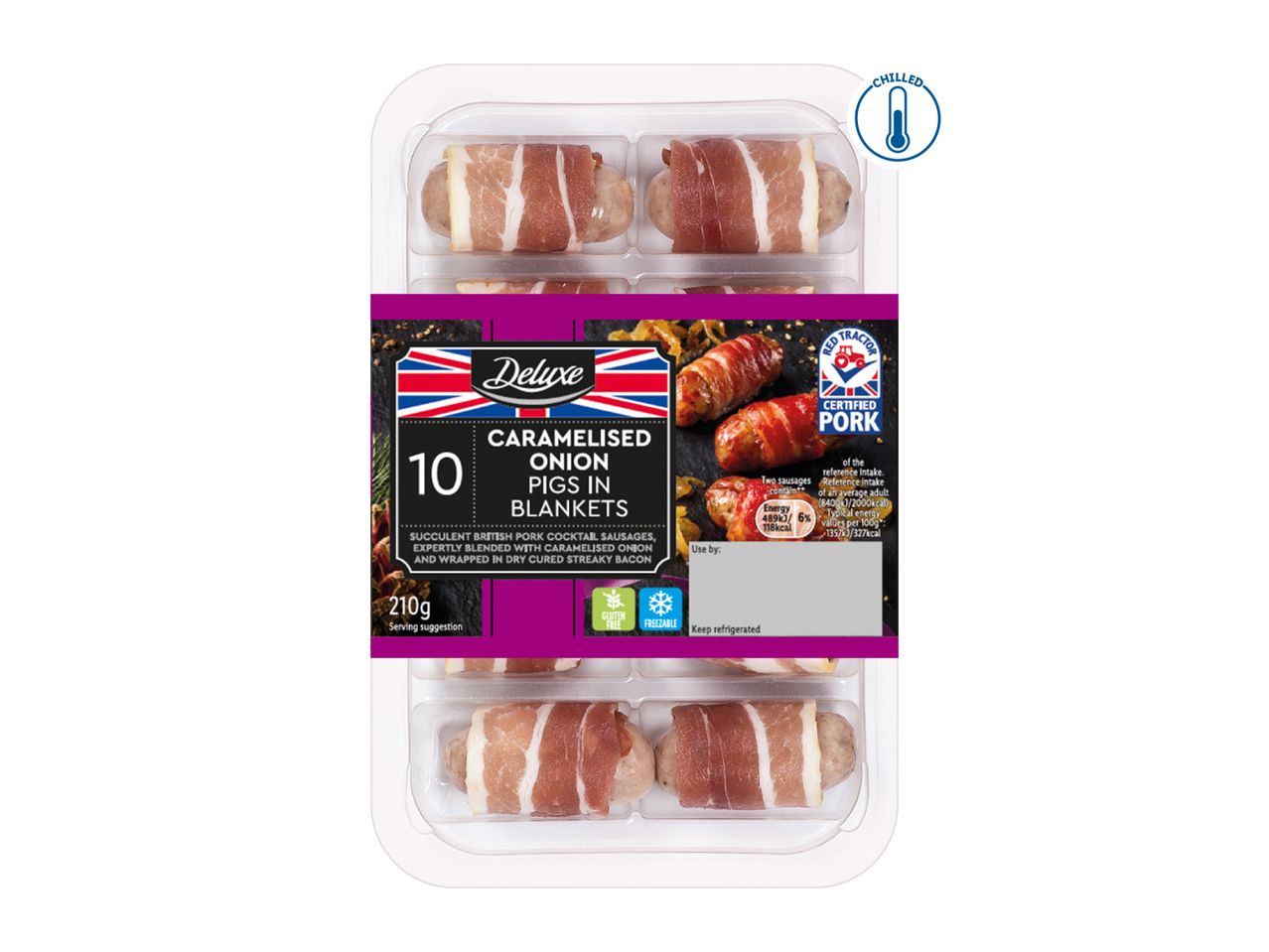 Deluxe Caramelised Onion Pigs in Blankets, 10 pieces, 210g, chilled.