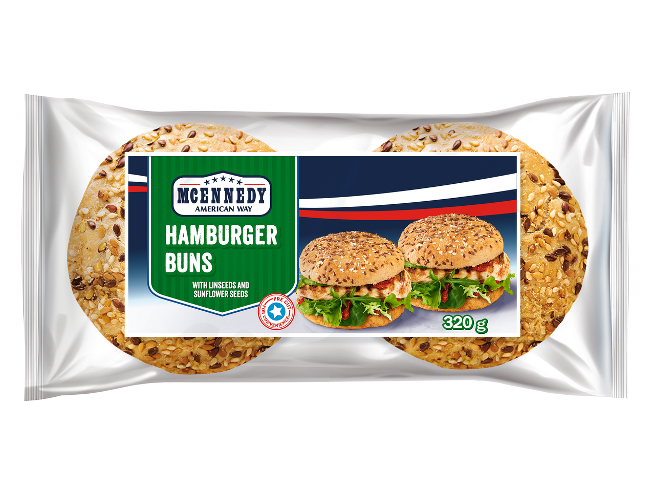 Paquet de deux pains à hamburger aux graines de lin et de tournesol, pré-coupés pour plus de commodité, 320g.