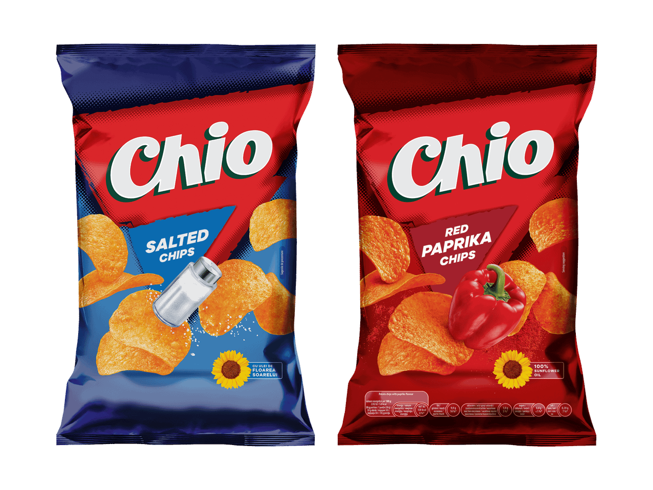 Deux paquets de chips: chips salées bleues et chips au paprika rouges.