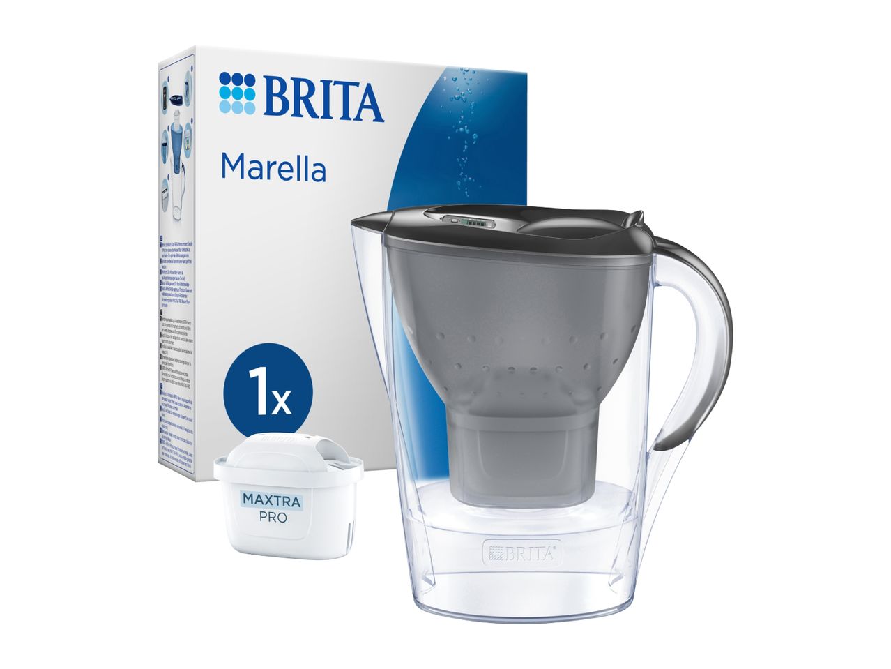 Water filter jug with a filter cartridge and its packaging, featuring 'Marella' and '1x MAXTRA PRO'.