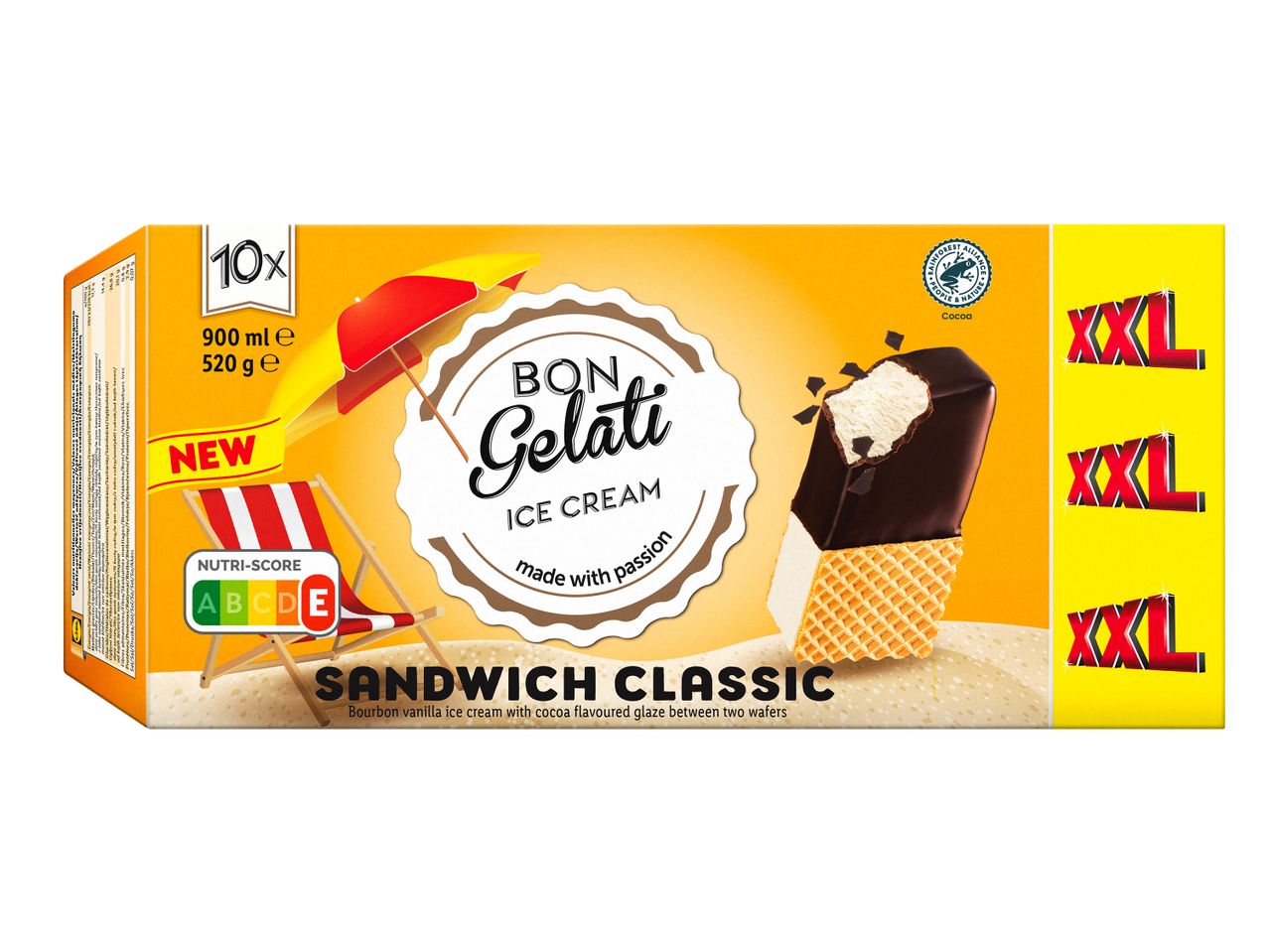10 sandwichs glacés Bon Gelati XXL : Vanille Bourbon avec glaçage cacao.
