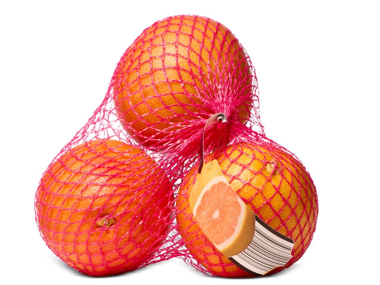 Drie grapefruits in een roze netzak.