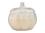 Pumpkin-shaped glass candle jar with a lid, filled with light-colored wax.