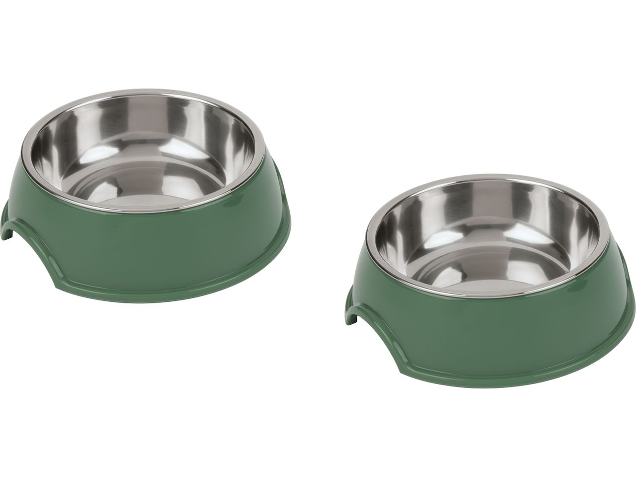 Two green pet bowls with stainless steel inserts.