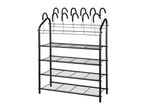 Black metal shoe rack with five shelves and integrated hangers for slippers or boots.