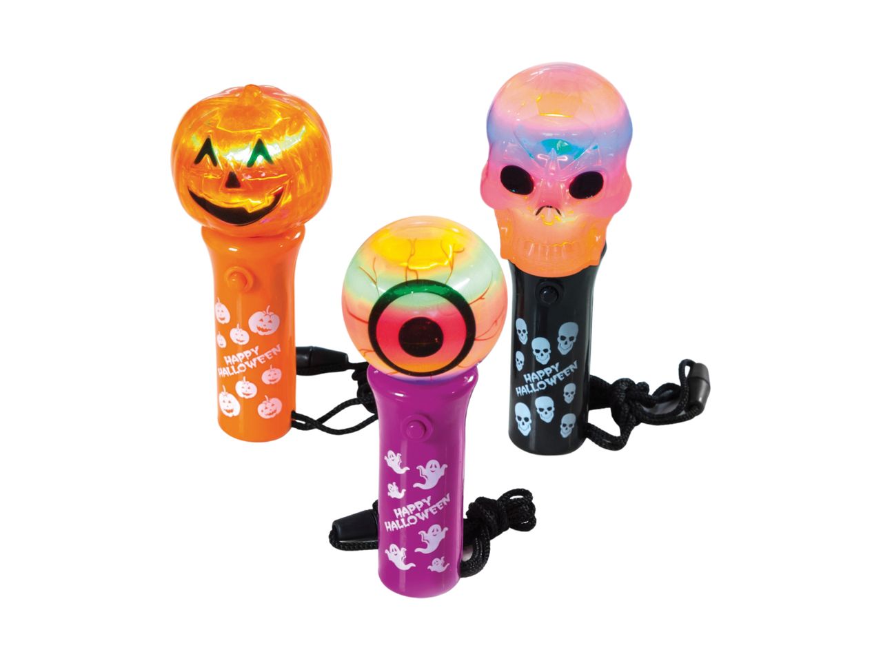 Three Halloween-themed light-up wands: a pumpkin, an eyeball, and a skull.