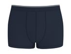 Dark blue men's boxer briefs with a white striped waistband.