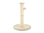 Beige cat scratching post with a round base and a dangling fluffy ball toy.