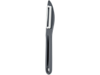 A black and silver peeler stands upright against a black background.
